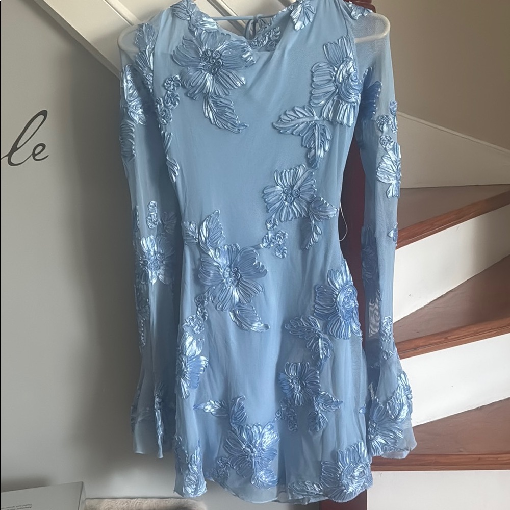 Light Blue Floral Appliqué Long-Sleeve Dress